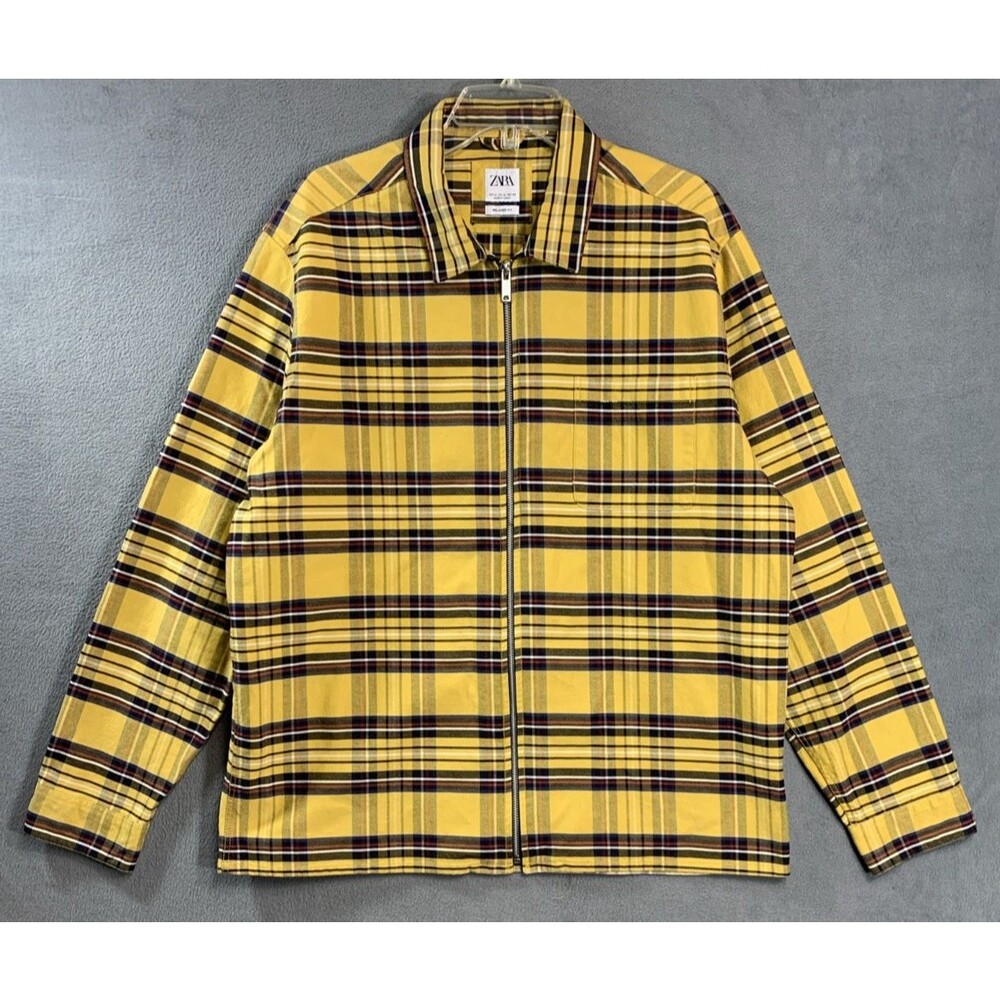 Zara Mens XL Yellow Plaid Zip Up Jacket Relaxed Fit Overshirt Streetwear